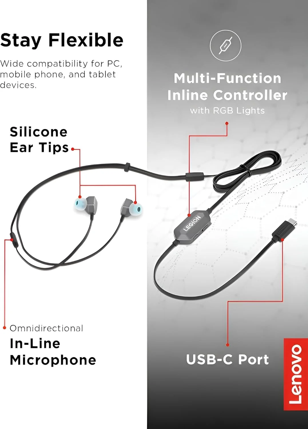 Auriculares Gaming Lenovo Legion E510 7.1 RGB USB-C Intra-auriculares - Imagem 6