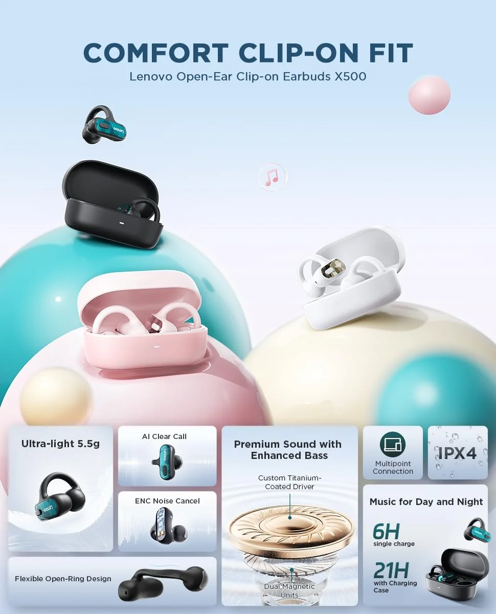 Auriculares Lenovo Open-Ear Clip-On X500 Branco - Imagem 2