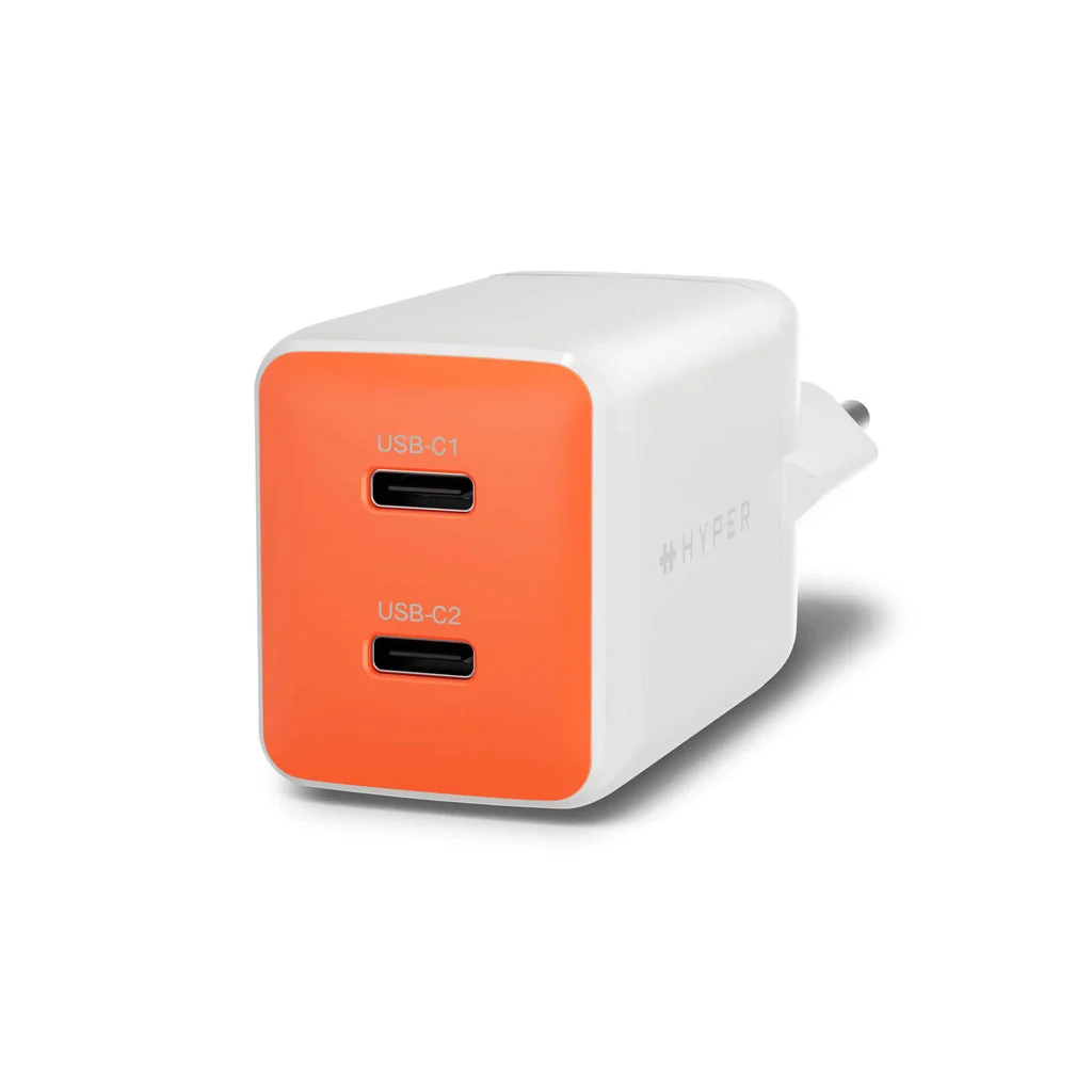 Carregador Targus HyperJuice Flex 45W GaN com 2 Portas USB-C e 2 Portas USB 2.0 Laranja e Branco