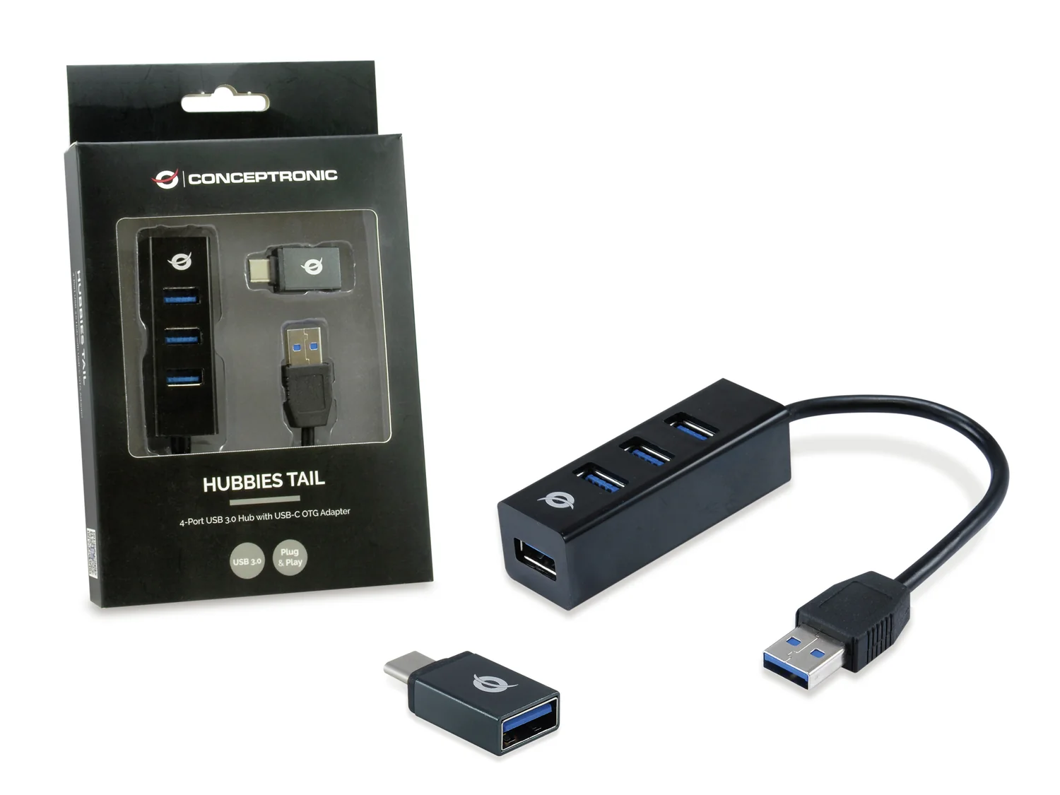 Hub USB 3.0 4 Portas Conceptronic HUBBIES04B com Adaptador USB-C para USB-A 5 Gbps Preto - Imagem 2