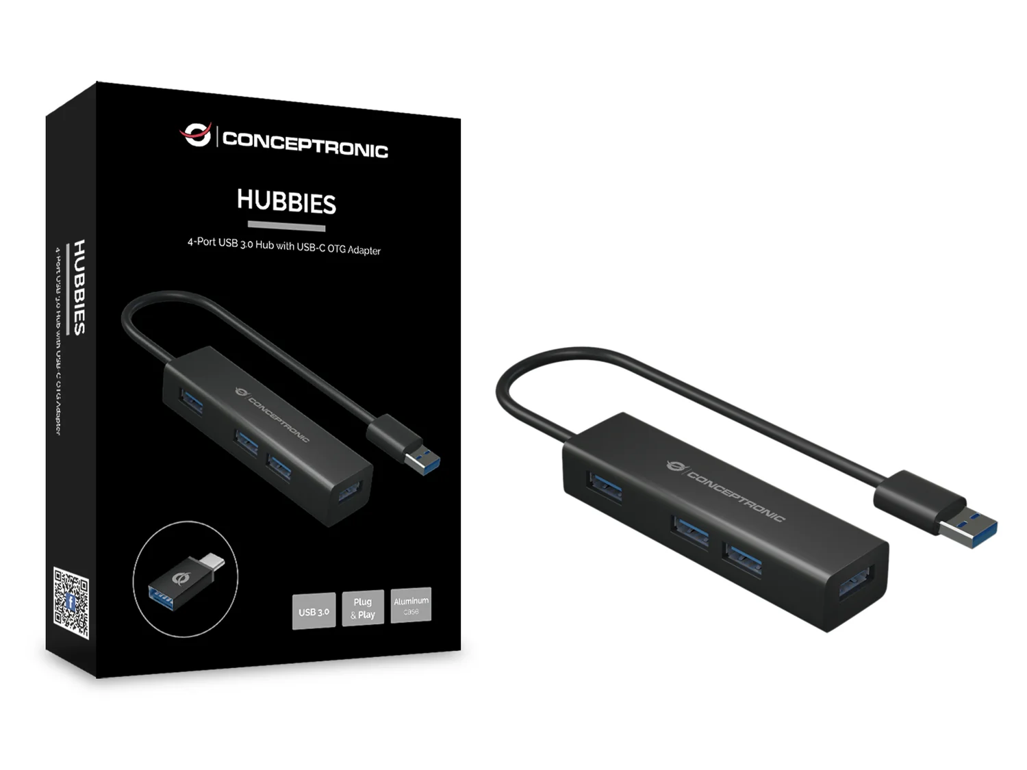 Hub USB 3.0 de 4 portas com adaptador OTG USB-C Conceptronic HUBBIES06B preto - Imagem 2