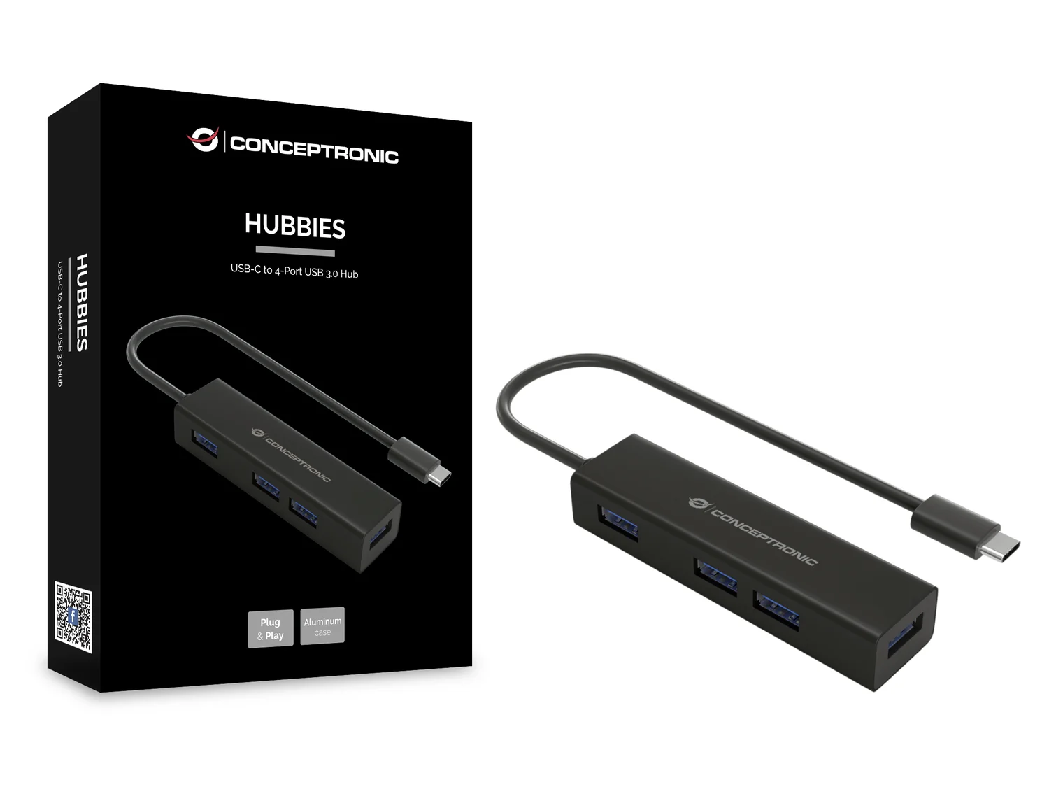 Hub USB Conceptronic HUBBIES07B Type-C para 4 Portas USB 3.0 em Alumínio Preto - Imagem 2