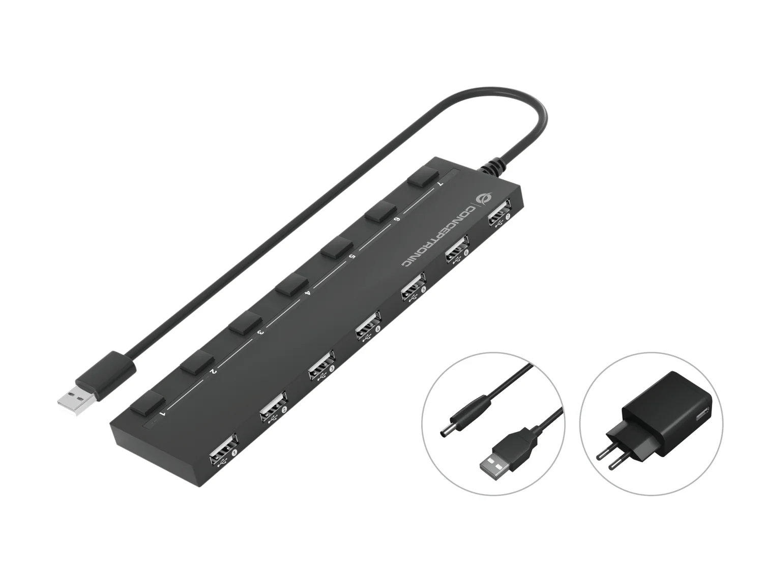 Hub USB Conceptronic HUBBIES08BP 7 Portas USB 2.0 com Adaptador de Corrente - Imagem 1