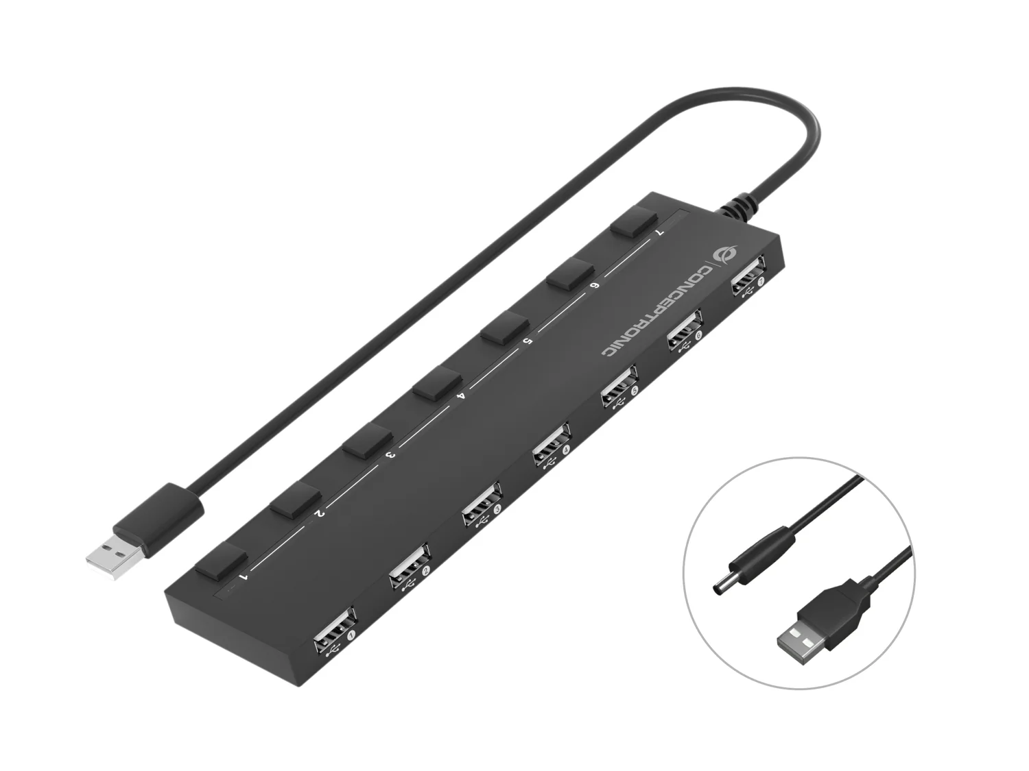 Hub USB 2.0 com 7 portas e alimentação externa DC-in Conceptronic HUBBIES08B - Imagem 1