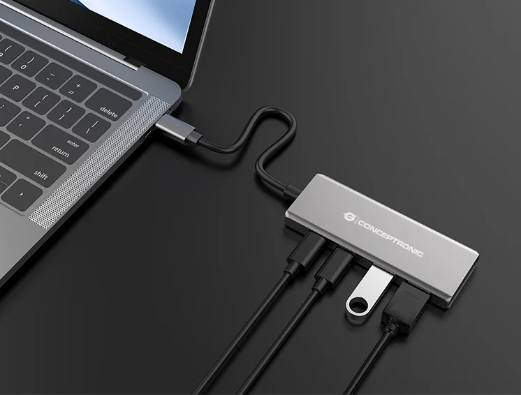 Hub USB-C 4 portas USB 3.2 Gen 2 10Gbps com Power Delivery 100W em alumínio Conceptronic HUBBIES15G - Imagem 6
