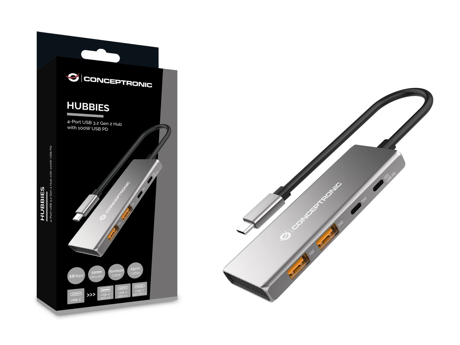 Hub USB-C 4 portas USB 3.2 Gen 2 10Gbps com Power Delivery 100W em alumínio Conceptronic HUBBIES15G - Imagem 2