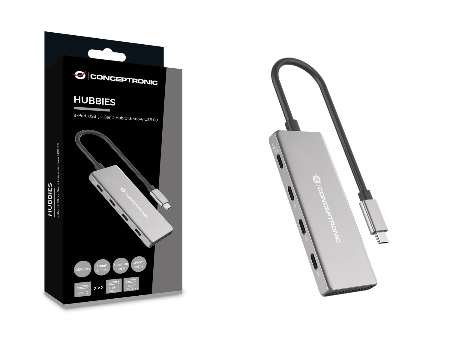 Hub USB-C Conceptronic HUBBIES16G de 4 Portas USB 3.2 Gen 2 10Gbps com 100W PD - Imagem 4