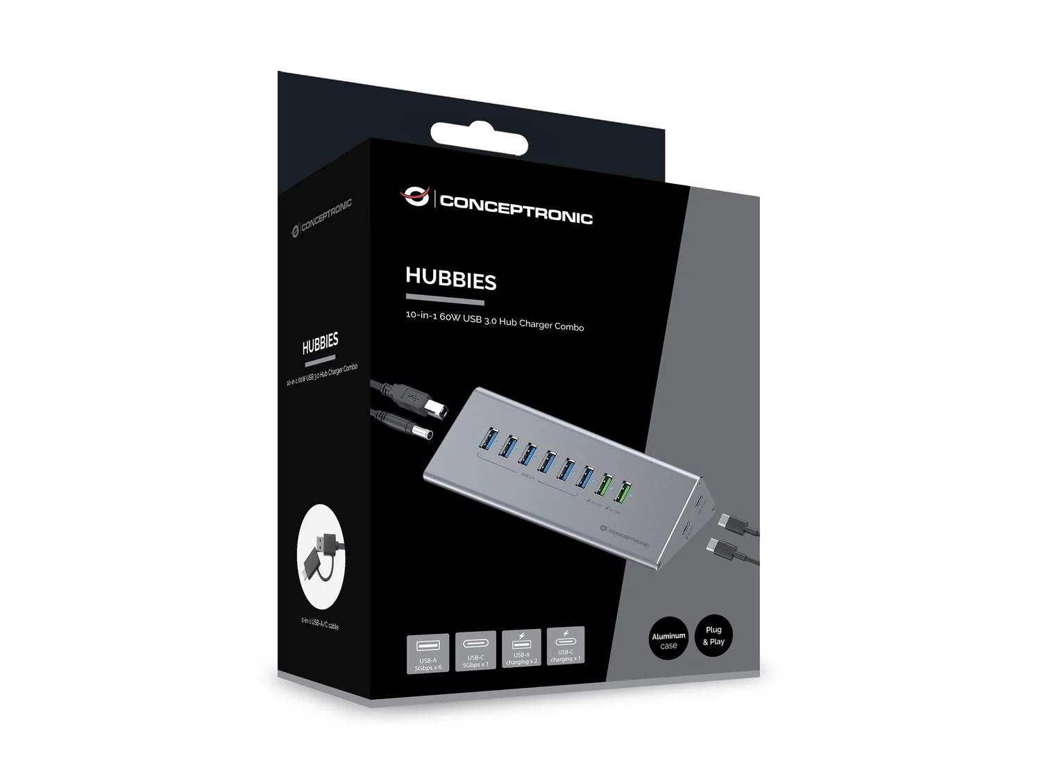 Hub USB Conceptronic HUBBIES18G 10-em-1 8 Portas USB-A 2 Portas USB-C 60W USB 3.2 Gen 1 Cinzento - Imagem 4