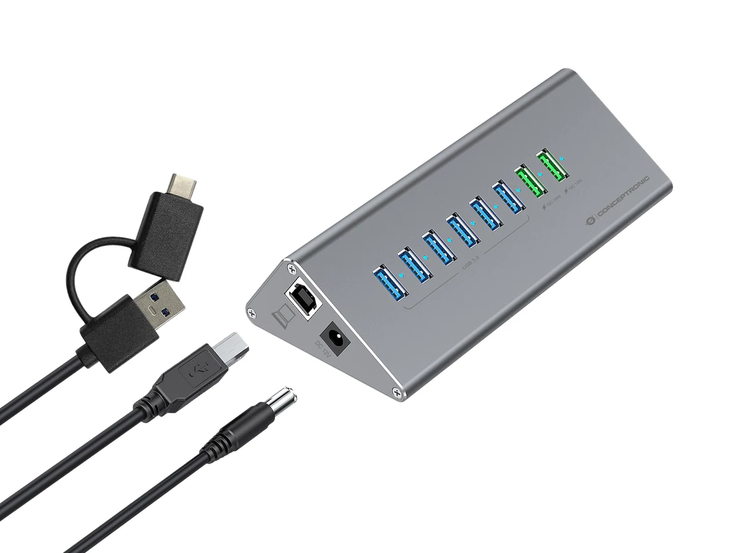 Hub USB Conceptronic HUBBIES18G 10-em-1 8 Portas USB-A 2 Portas USB-C 60W USB 3.2 Gen 1 Cinzento - Imagem 2