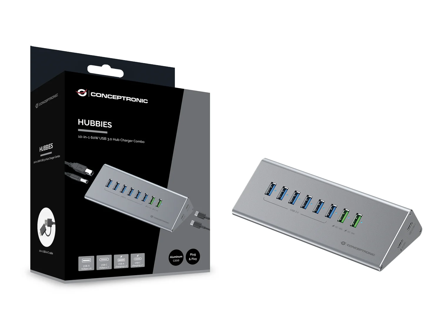 Hub USB Conceptronic HUBBIES18G 10-em-1 8 Portas USB-A 2 Portas USB-C 60W USB 3.2 Gen 1 Cinzento - Imagem 3