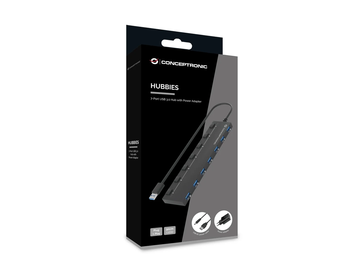Hub USB Conceptronic HUBBIES19BP 7 Portas USB 3.2 Gen 1 com Adaptador de Corrente Preto - Imagem 3