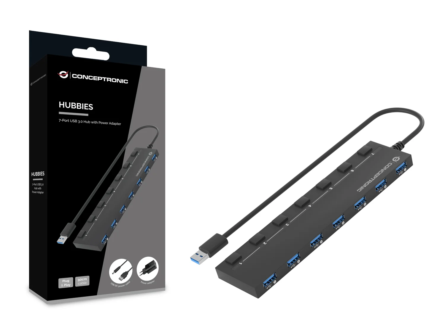 Hub USB Conceptronic HUBBIES19BP 7 Portas USB 3.2 Gen 1 com Adaptador de Corrente Preto - Imagem 2