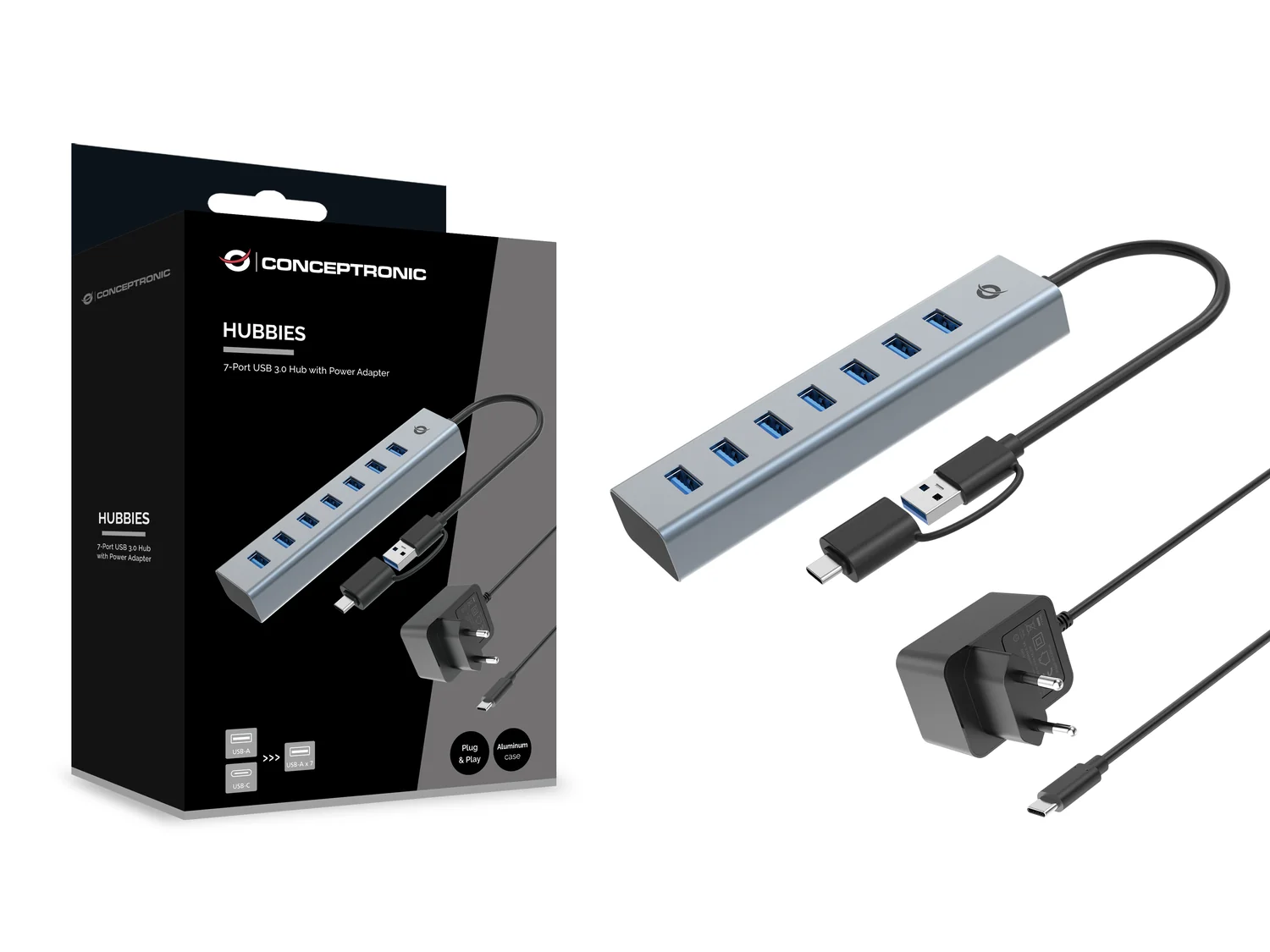 Hub USB 3.0 de 7 portas com adaptador de corrente Conceptronic HUBBIES21GP cinzento - Imagem 4