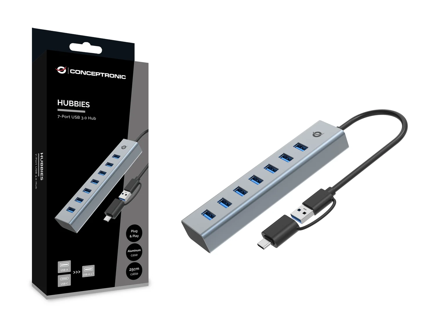 Hub USB Conceptronic HUBBIES21G de 7 Portas USB 3.0 5Gbps em Alumínio Cinzento - Imagem 3