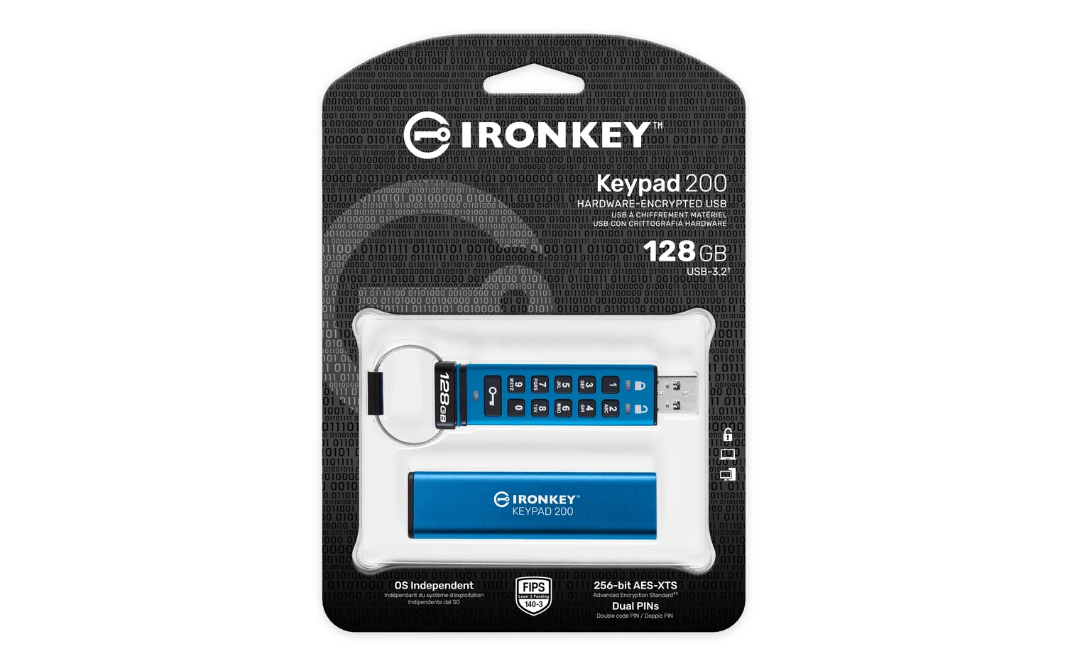 Pen USB Encriptada Kingston IronKey Keypad 200 128GB USB 3.2 Gen 1 FIPS 140-3 AES-256 Azul - Imagem 3