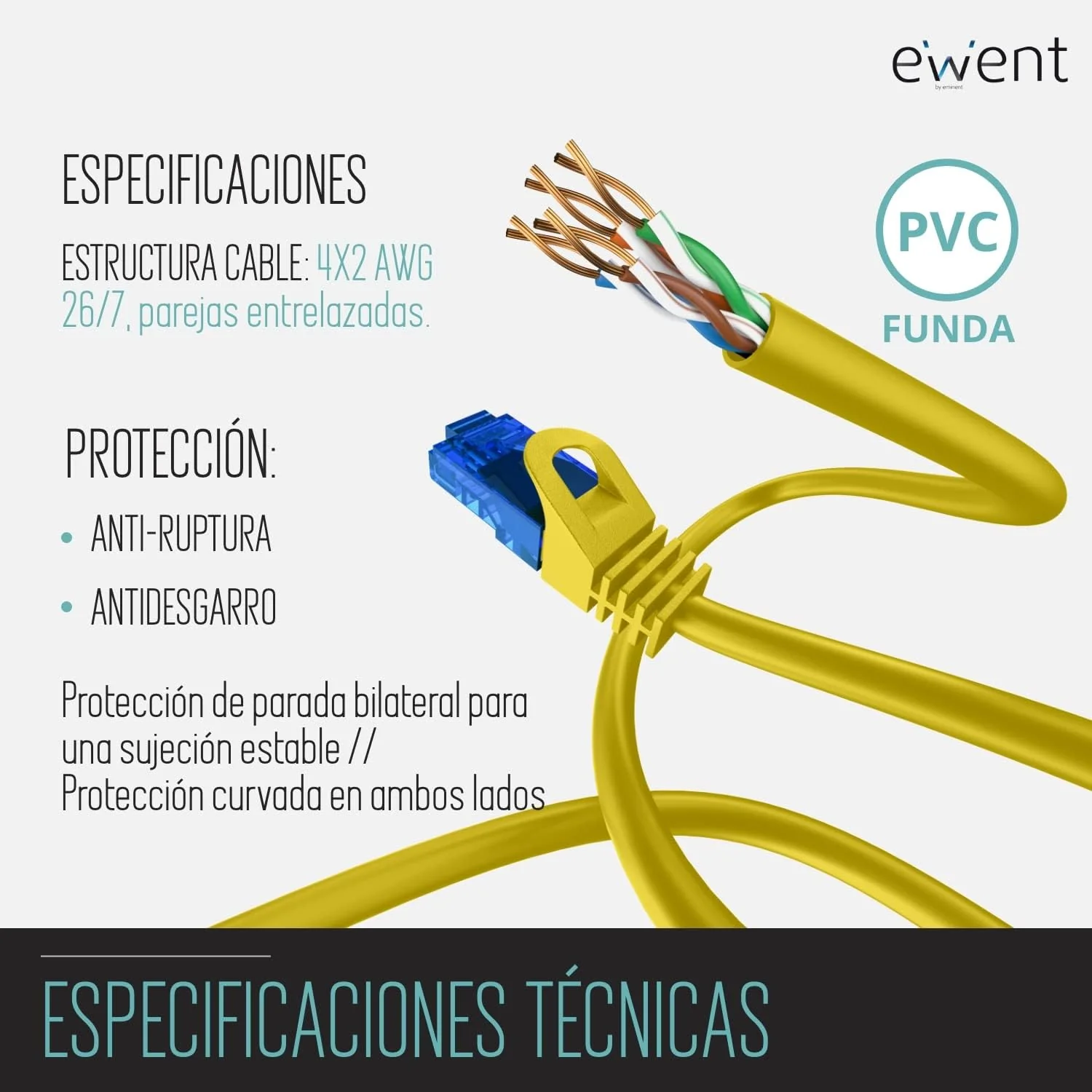 Cabo de Rede EWENT Cat5e U/UTP 0.5m RJ-45 Amarelo - Imagem 4