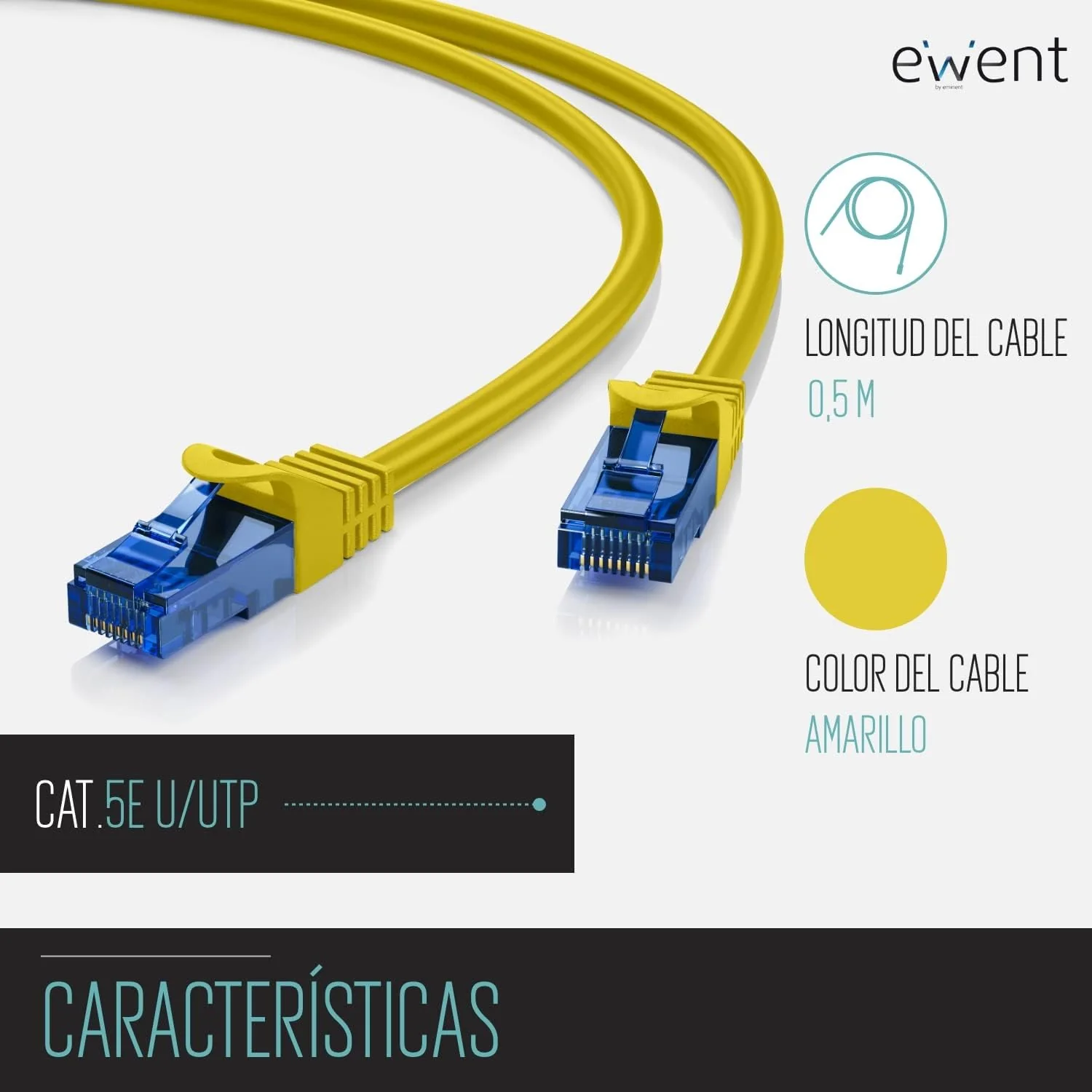 Cabo de Rede EWENT Cat5e U/UTP 0.5m RJ-45 Amarelo - Imagem 2