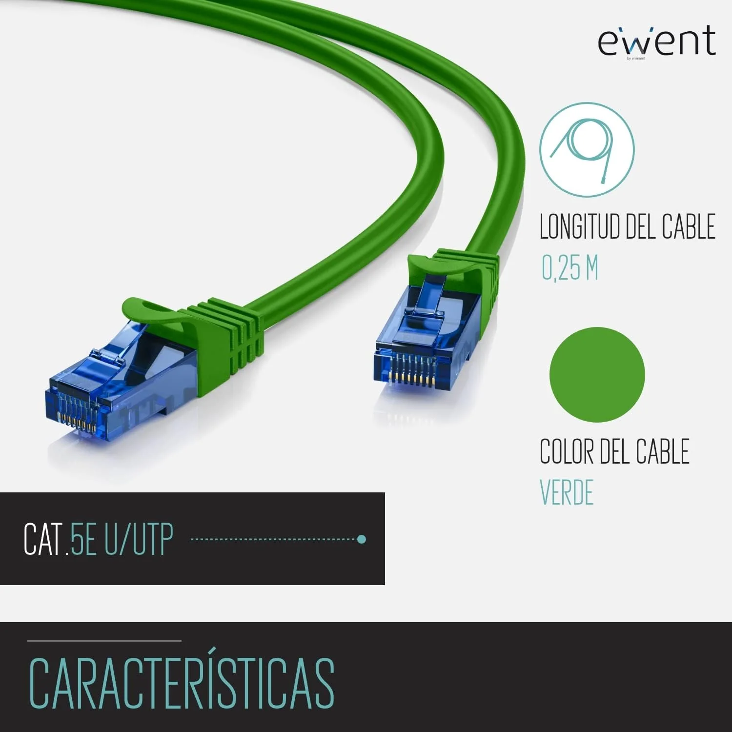 Cabo de Rede Ewent Cat5e U/UTP 0.5m RJ-45 AWG 26/7 Verde - Imagem 2