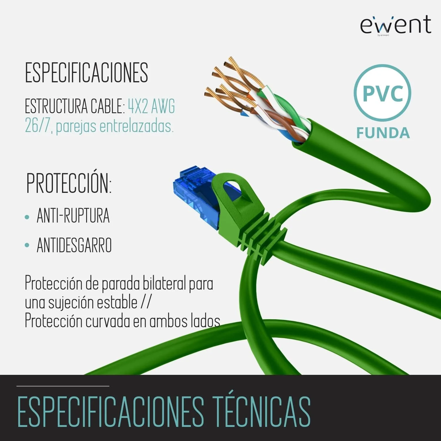 Cabo de Rede Ewent Cat5e U/UTP 0.5m RJ-45 AWG 26/7 Verde - Imagem 4