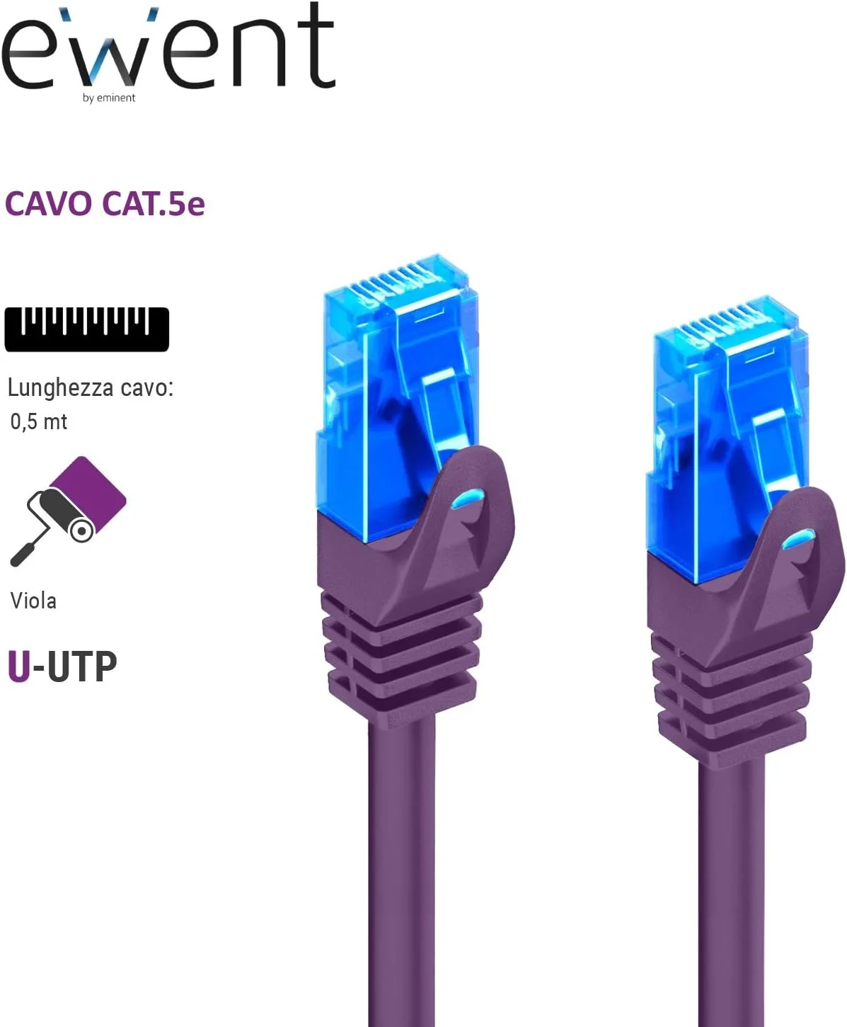 Cabo de Rede Ewent Cat5e U/UTP 0.5m RJ-45 Roxo - Imagem 2