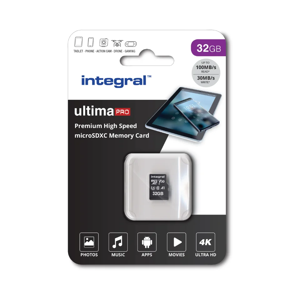 Cartão de memória Integral microSDHC 32GB UHS-I U3 V30 Classe 10 com adaptador SD - Imagem 2