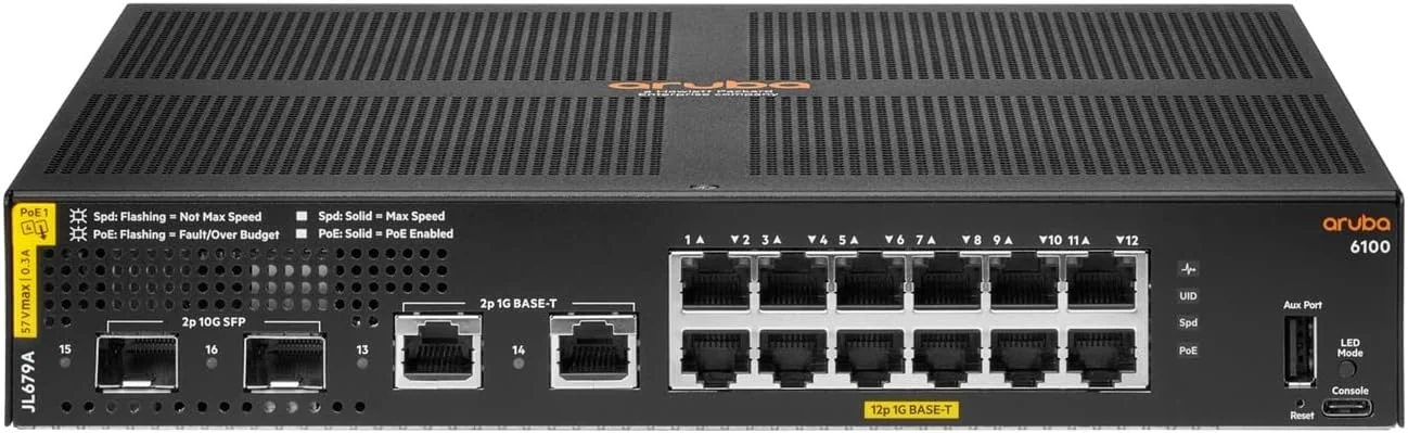 Switch de rede HPE Aruba Networking CX 6100 12G Class4 PoE 2G/2SFP+ 139W