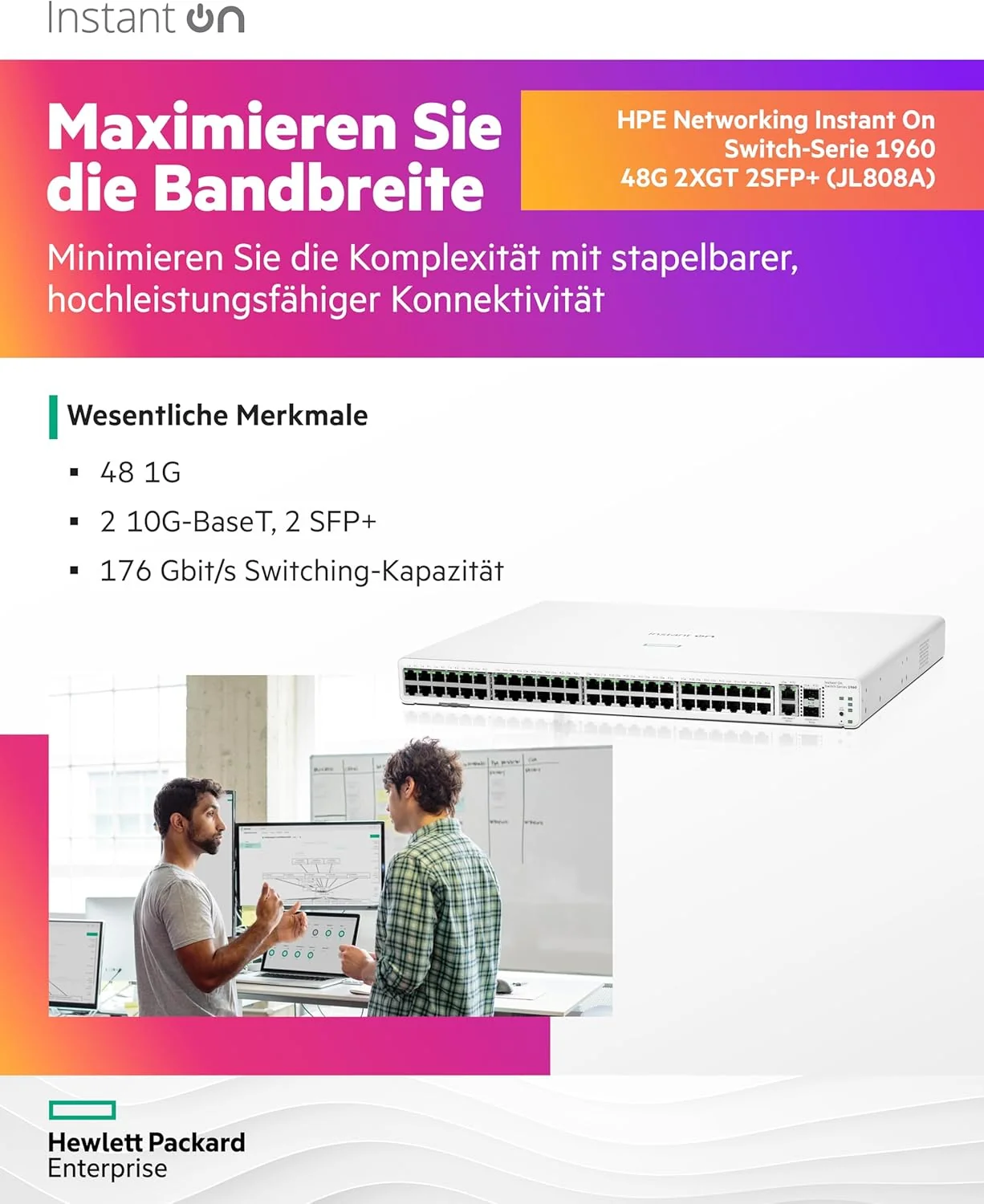 Switch de Rede 48 Portas HPE Aruba Instant On 1960 48G 2XGT 2SFP+ Gerido Stackable - Imagem 3