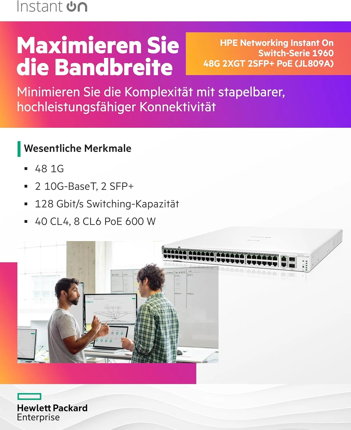 Switch HPE Aruba Instant On 1960 48G PoE 40p Class4 8p Class6 2XGT 2SFP+ 600W Gerido - Imagem 3