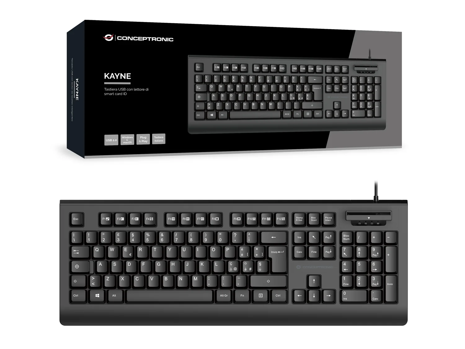Teclado Conceptronic KAYNE01IT com Leitor de Cartões Smart ID Layout Italiano USB Preto - Imagem 4