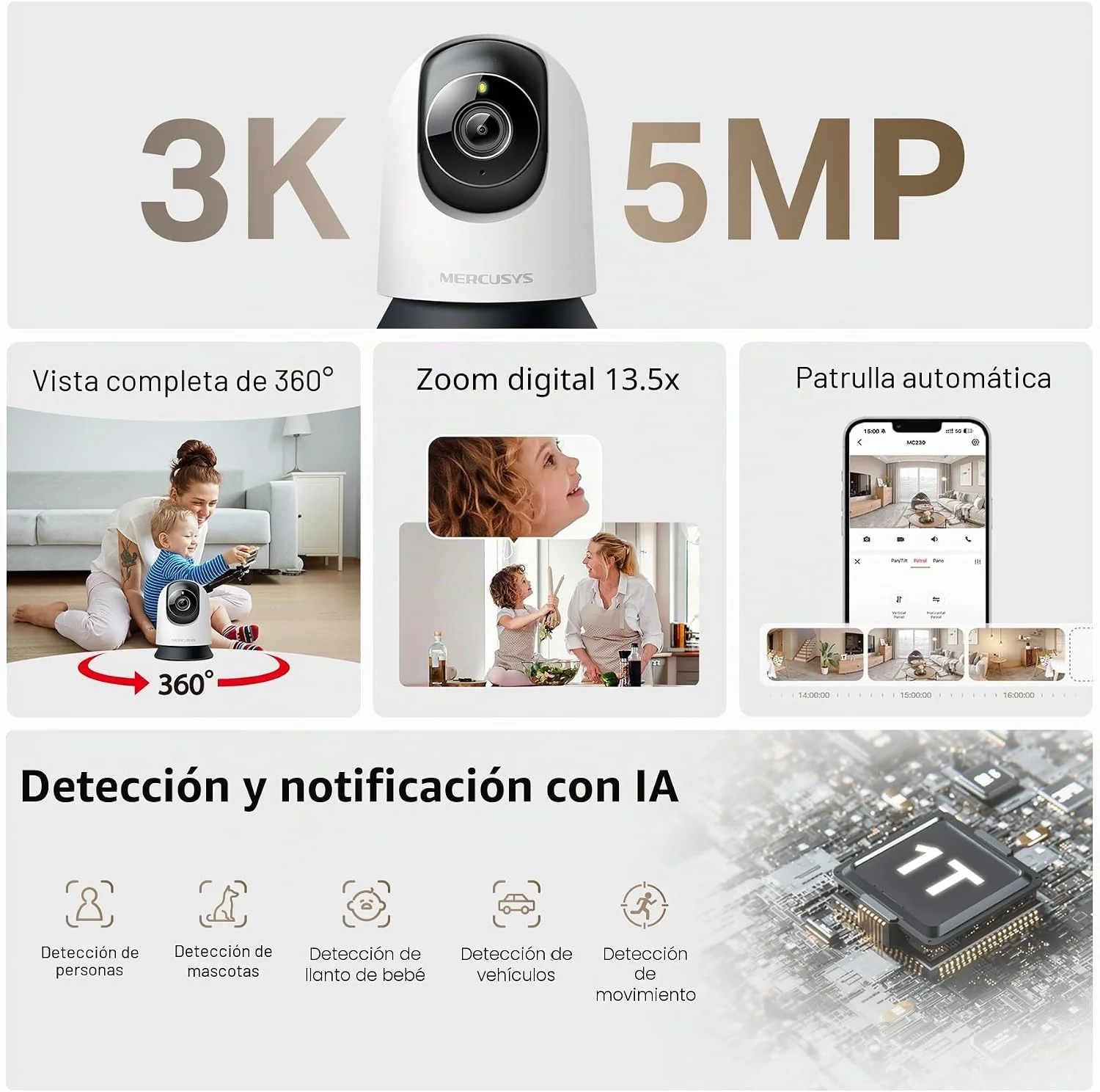Câmara Wi-Fi de Segurança Mercusys Pan/Tilt AI Home Security Branca - Imagem 3