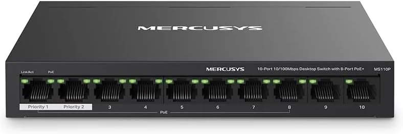 Switch de Rede Mercusys MS110P 10 Portas 10/100 com 8 Portas PoE+