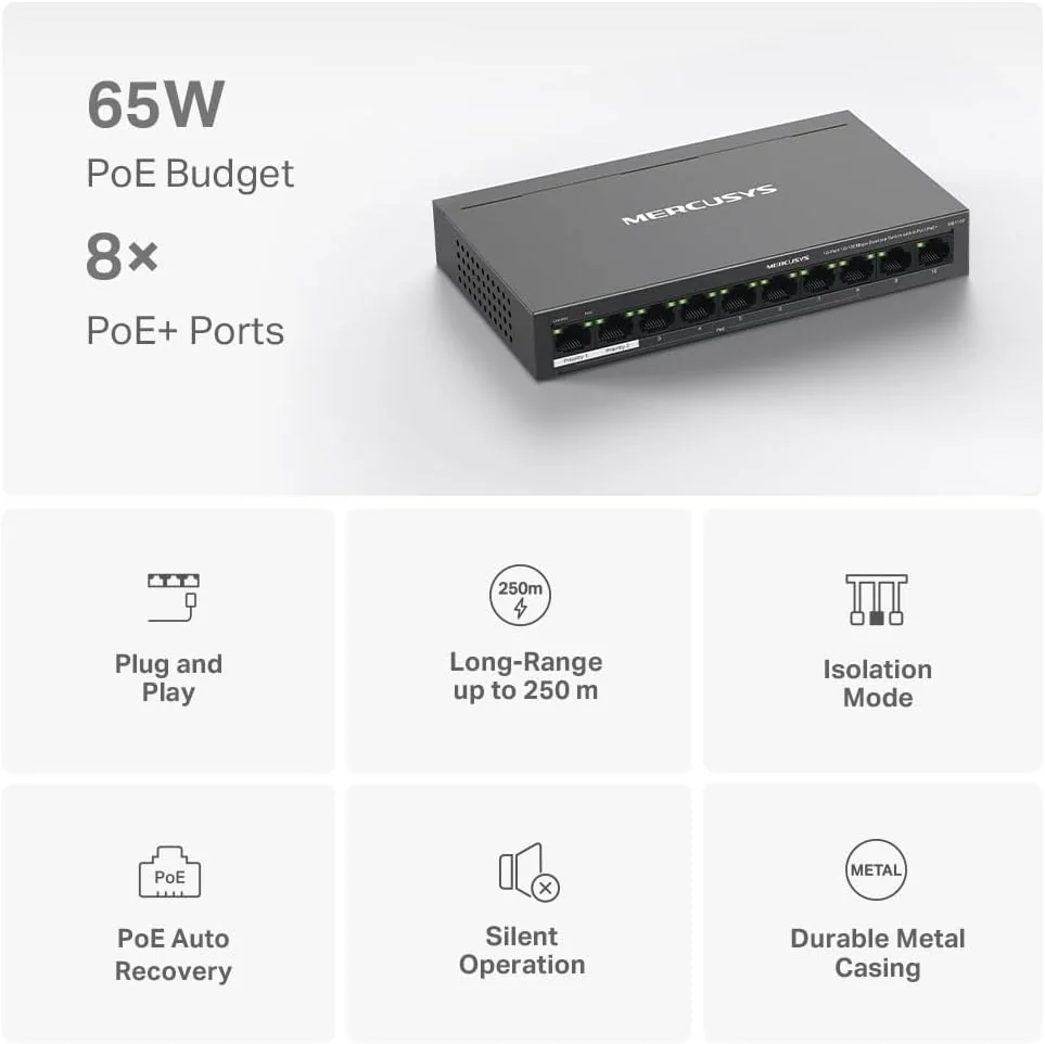 Switch de Rede Mercusys MS110P 10 Portas 10/100 com 8 Portas PoE+ - Imagem 4