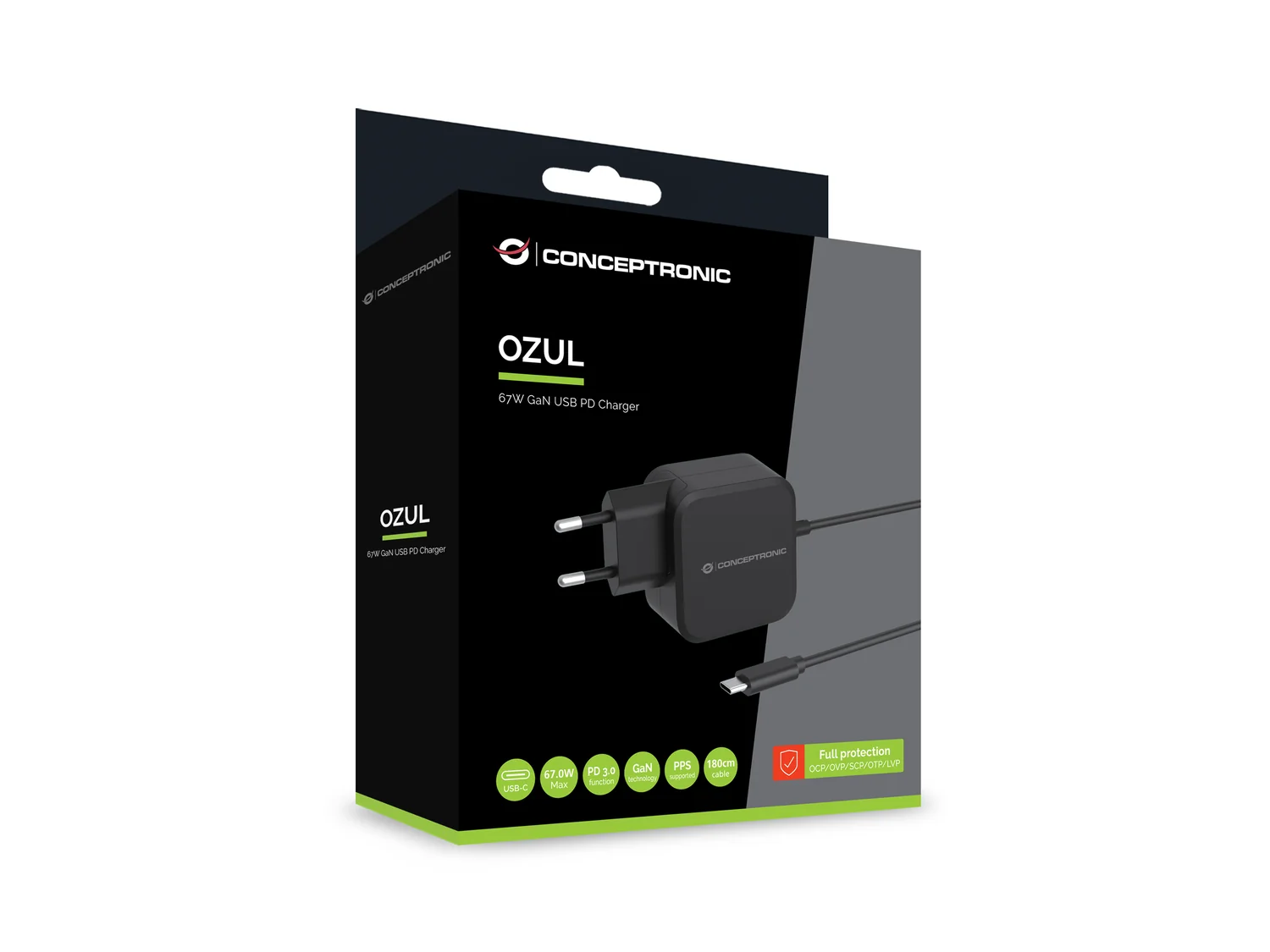 Carregador GaN USB-C Conceptronic Ozul 67W Power Delivery com Cabo USB-C Integrado - Imagem 3
