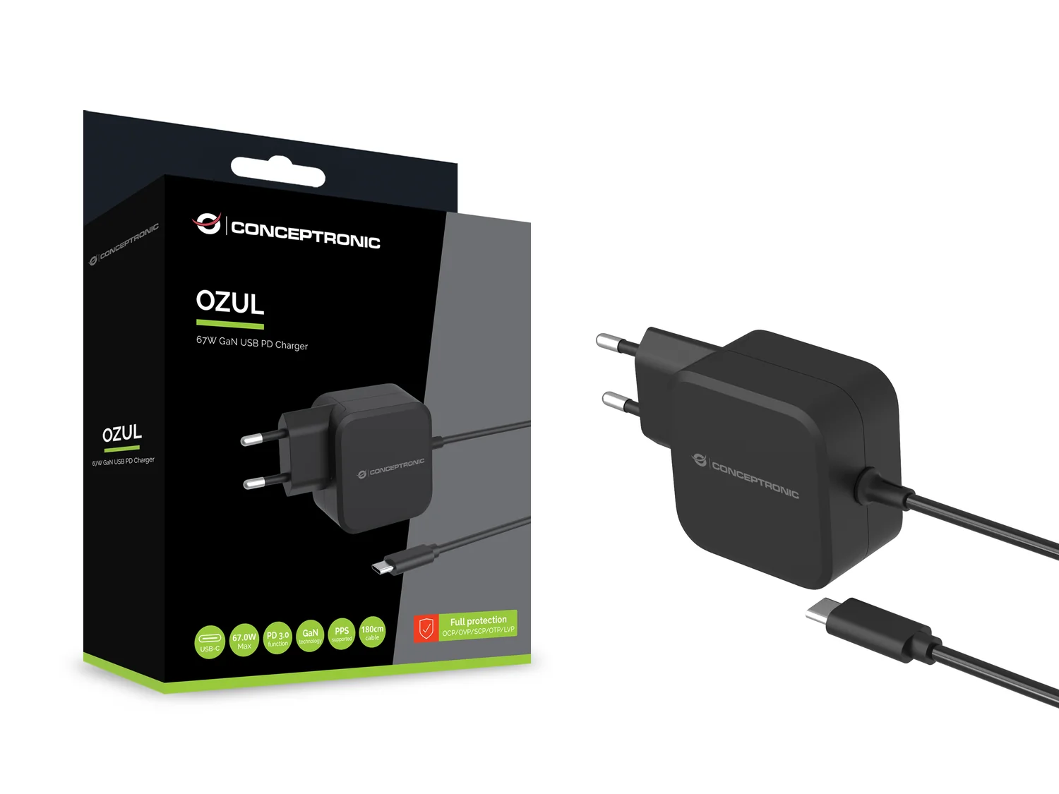Carregador GaN USB-C Conceptronic Ozul 67W Power Delivery com Cabo USB-C Integrado - Imagem 4