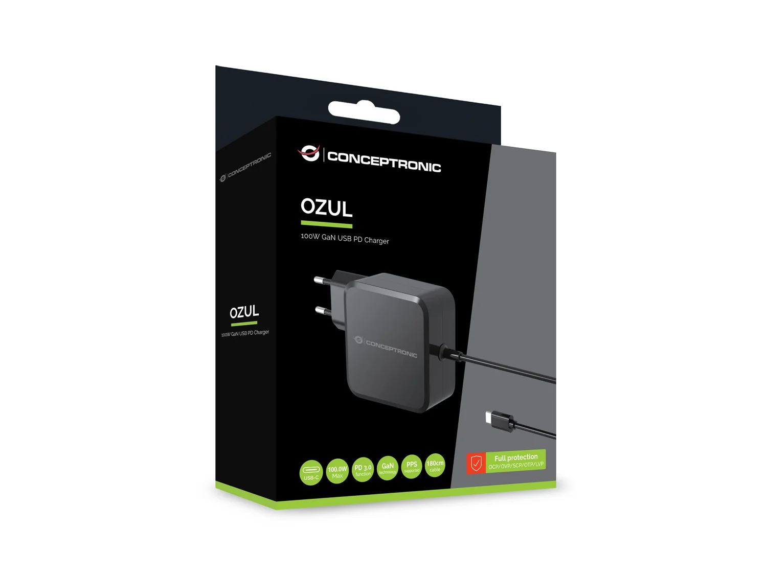 Carregador USB-C Conceptronic OZUL05BE 100W GaN com cabo integrado preto - Imagem 2