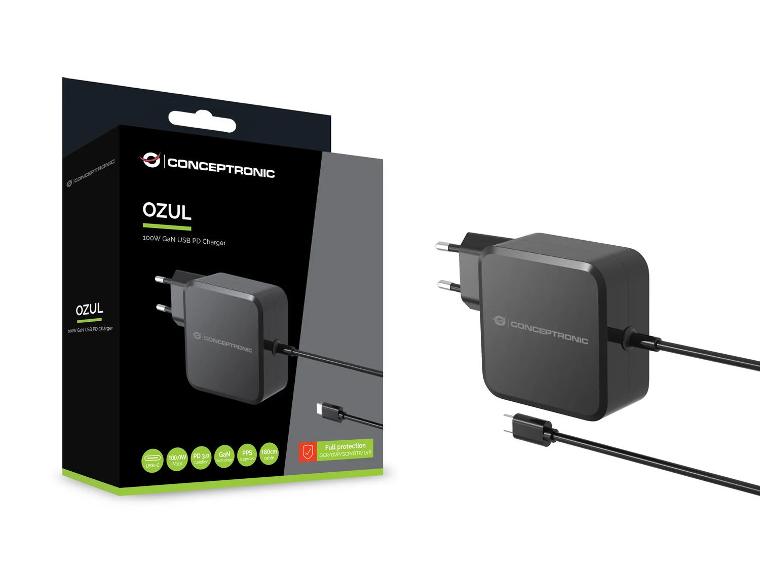 Carregador USB-C Conceptronic OZUL05BE 100W GaN com cabo integrado preto - Imagem 3