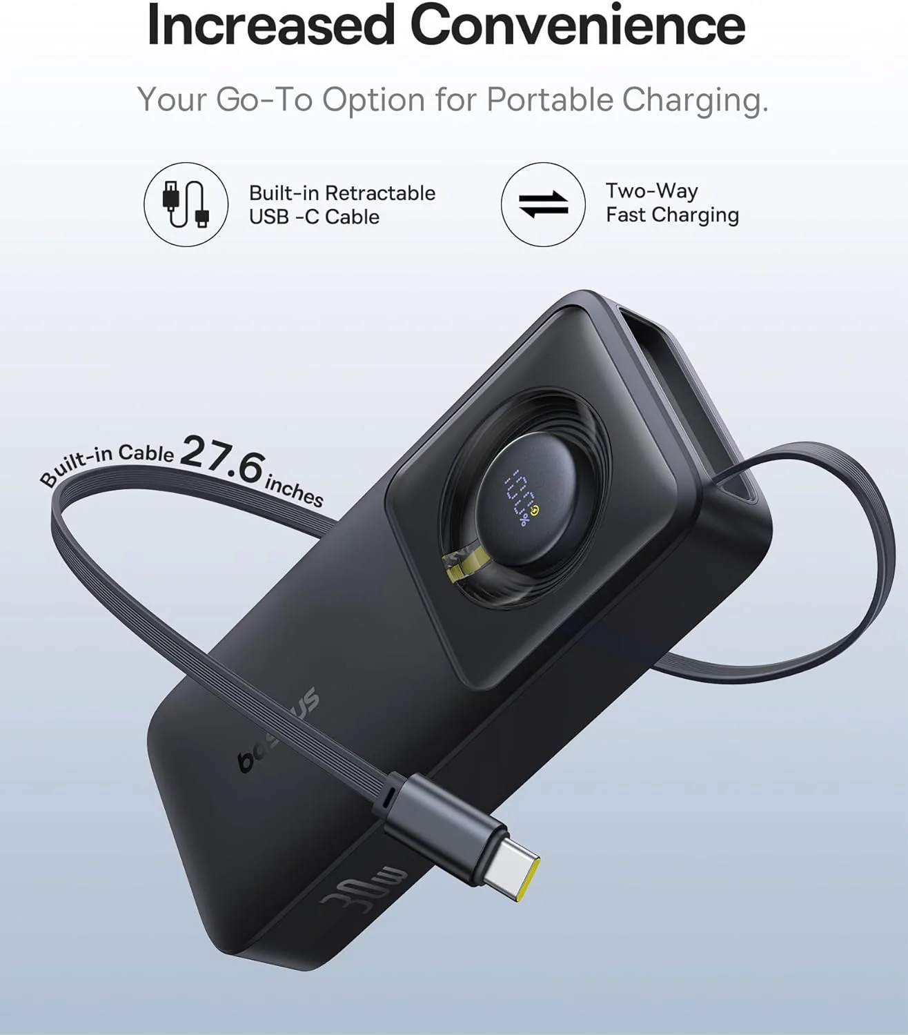 Power Bank Baseus Free2Pull Cabo Retrátil 10000mAh 30W Preto - Imagem 3
