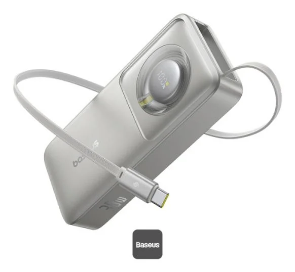Power bank Baseus Free2Pull 10000mAh 30W com cabo USB-C retrátil cinzento lunar