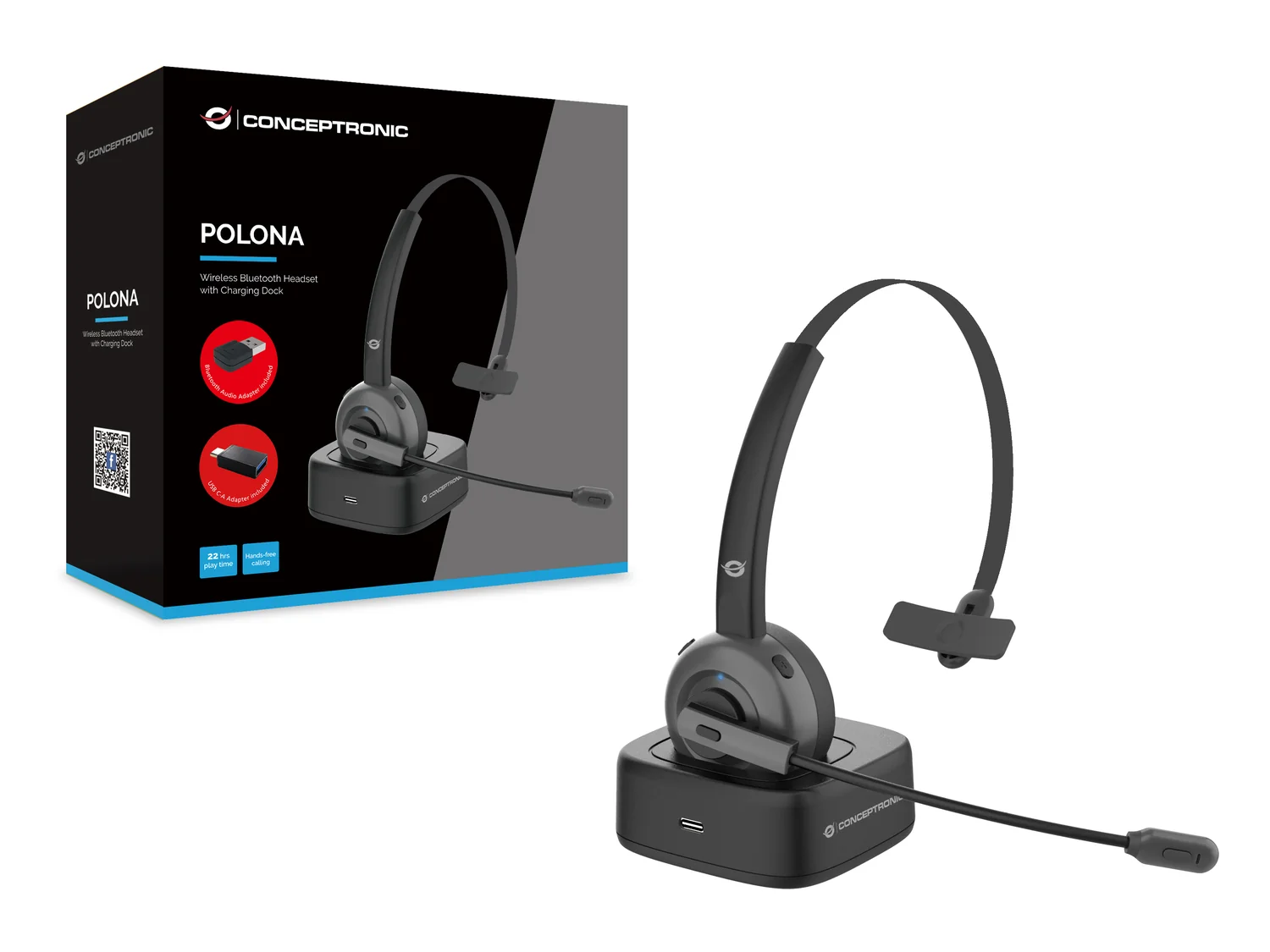 Auscultadores Bluetooth Escritório Conceptronic POLONA03BDA com Dock de Carregamento e Adaptador USB Preto - Imagem 2