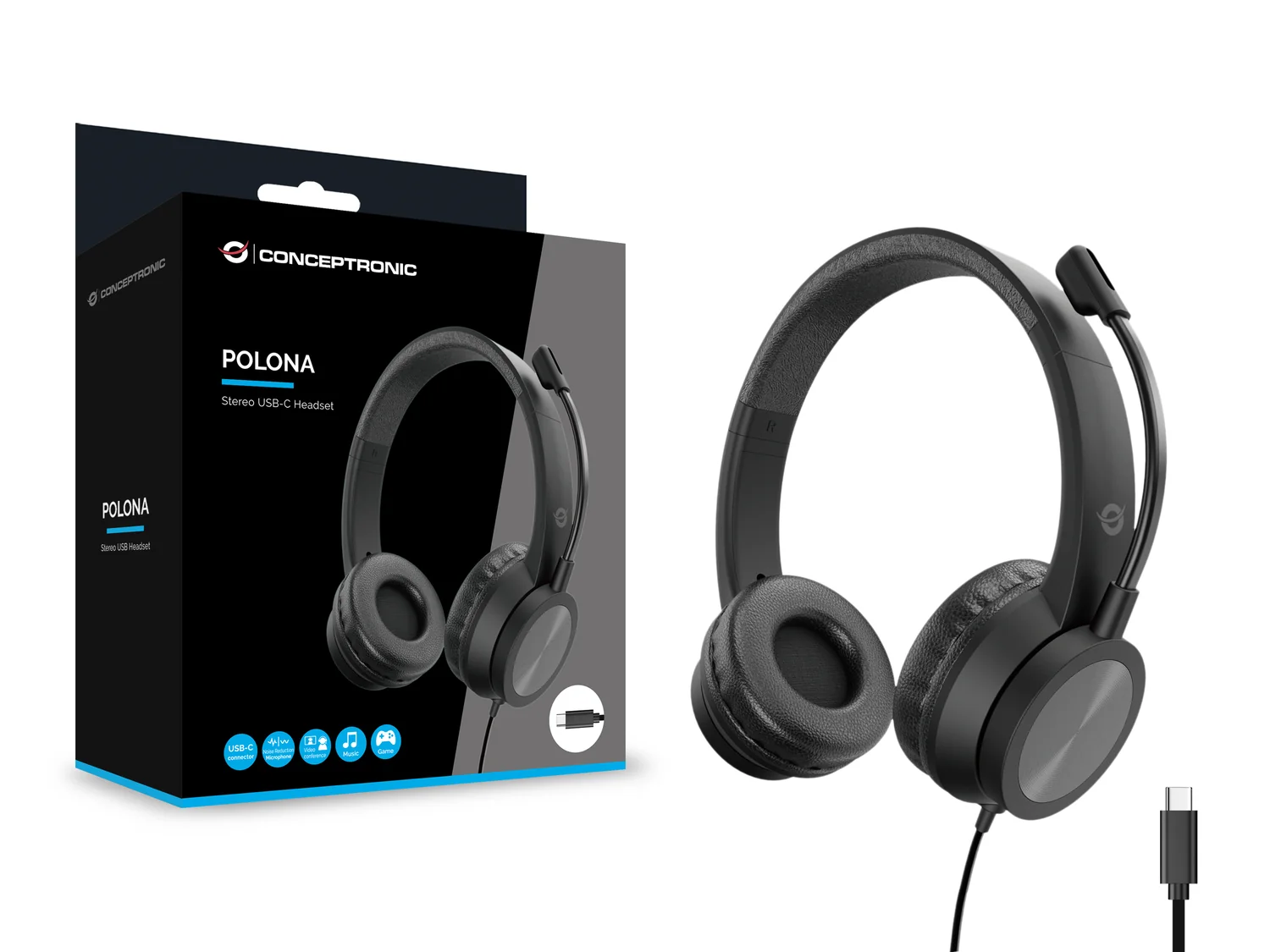Auscultadores com Fios USB-C para Escritório Conceptronic POLONA05BC Estéreo com Microfone Noise Reduction Preto - Imagem 7