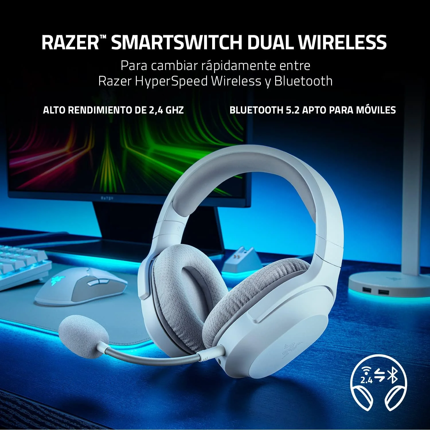 Auscultadores Gaming Razer Barracuda X Mercury Branco Wireless 2.4GHz Bluetooth Multiplataforma - Imagem 3