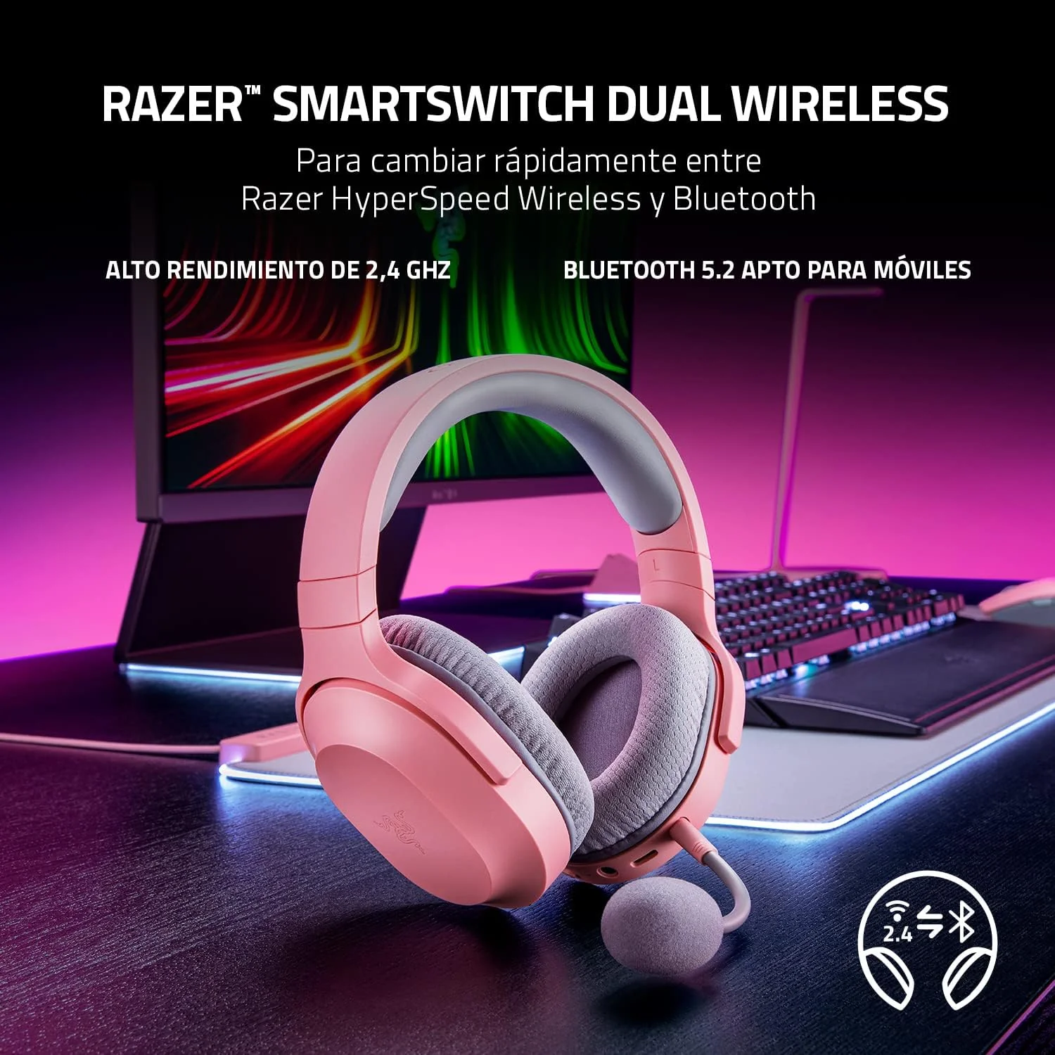 Auscultadores Razer Barracuda X Quartz Pink Wireless USB-C Multi-Plataforma Gaming PC PS Switch Mobile - Imagem 2