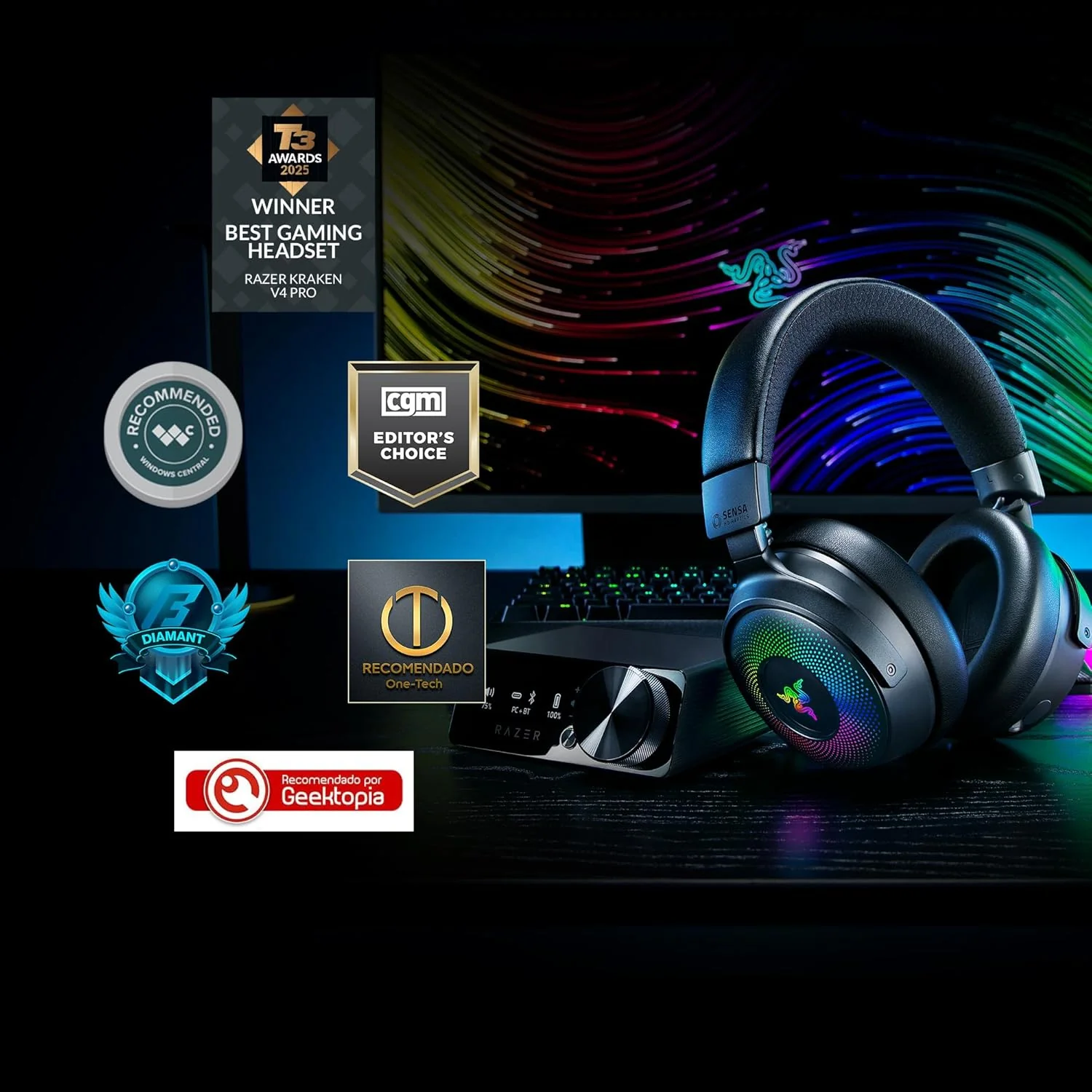 Auscultadores Razer Kraken V4 Pro Wireless Bluetooth USB-C Triple Connection Surround Bidirecional Mic - Imagem 2