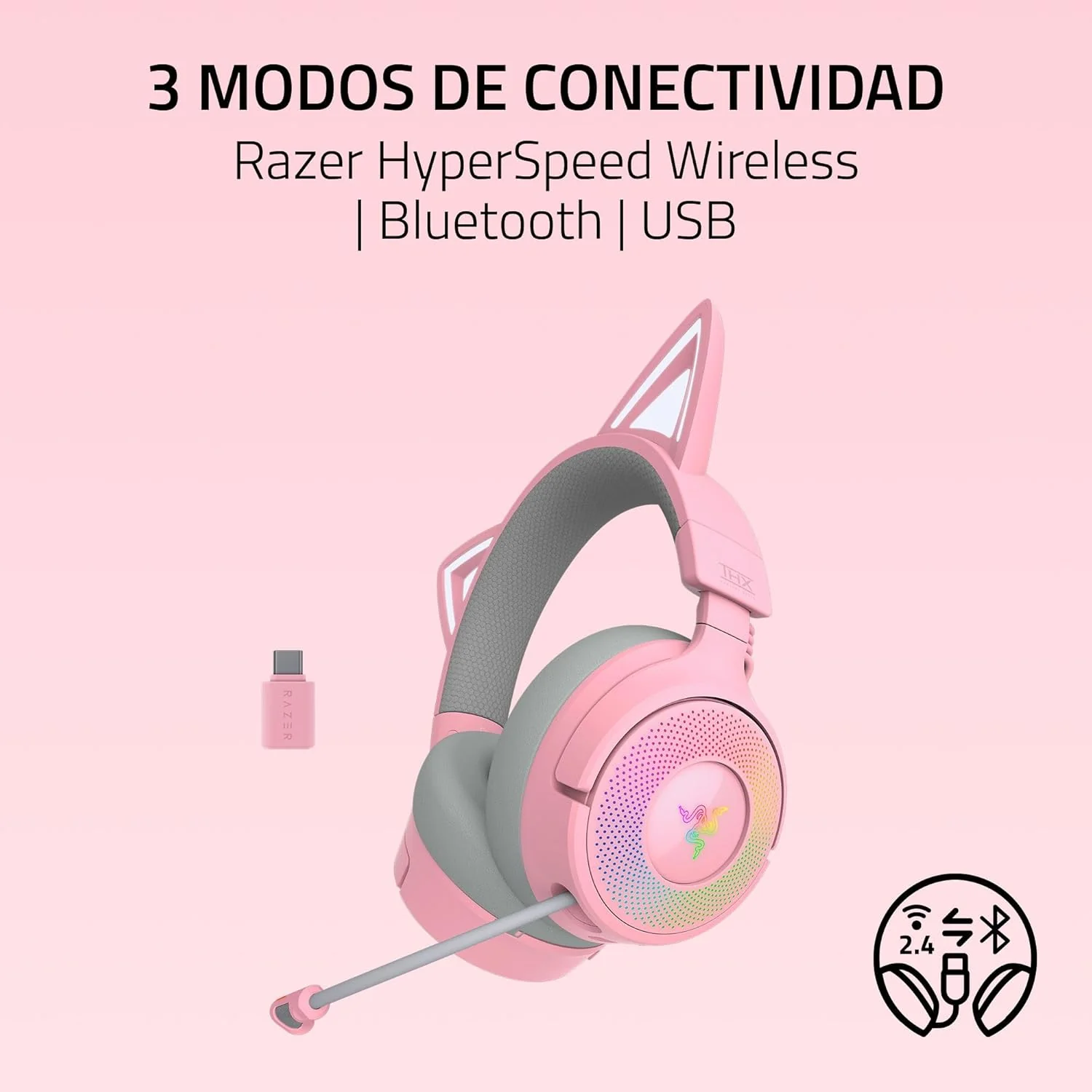 Auscultadores Gaming Razer Kraken Kitty V3 Pro Quartz Wireless Bluetooth 5.3 Rosa - Imagem 3