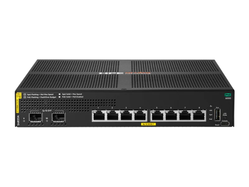 Switch de rede gerido HPE Aruba CX 6000 8 portas Gigabit PoE Class-4 2x SFP 67W