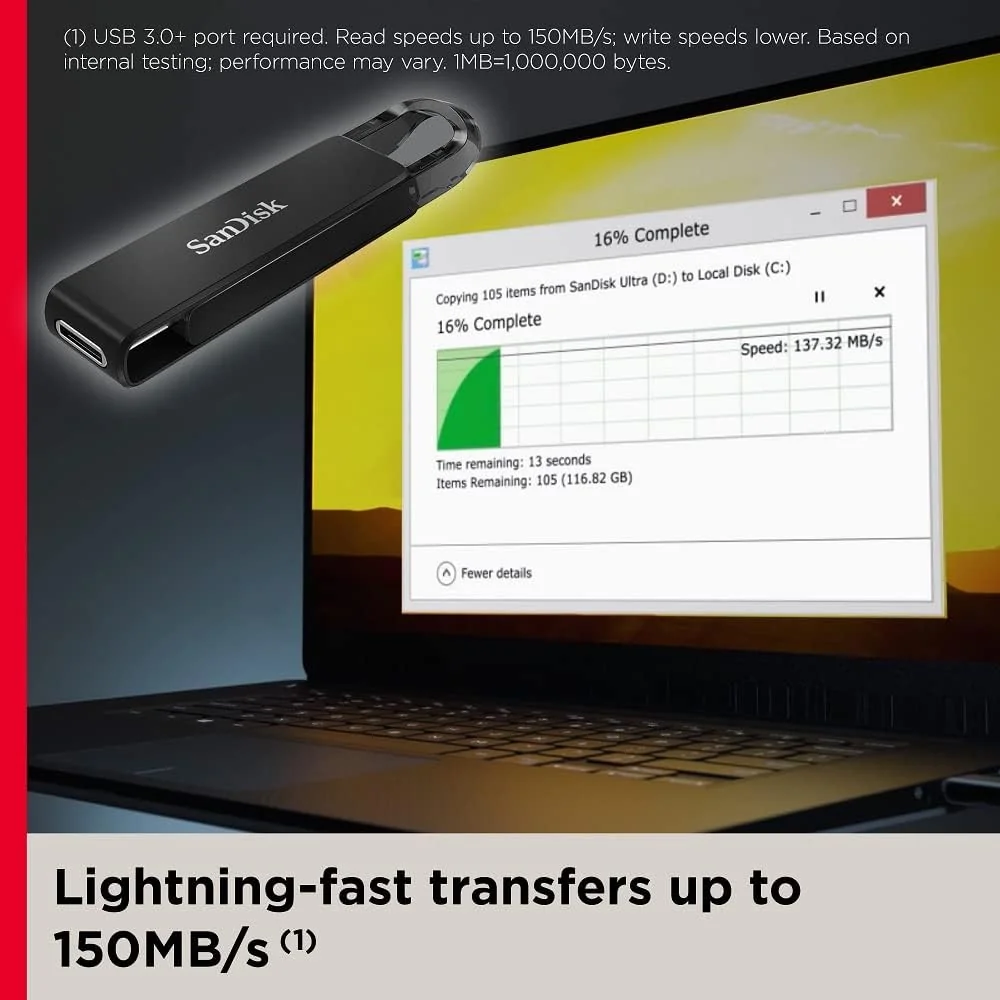 Pen USB-C SanDisk Ultra 128GB USB 3.2 Gen 1 150MB/s slide preta - Imagem 3