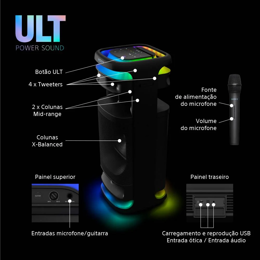 Coluna Sony SRS-ULT1000 HPA Graves Profundos 2 Modos ULT Iluminação 360 Multiponto Microfone Preto - Imagem 9