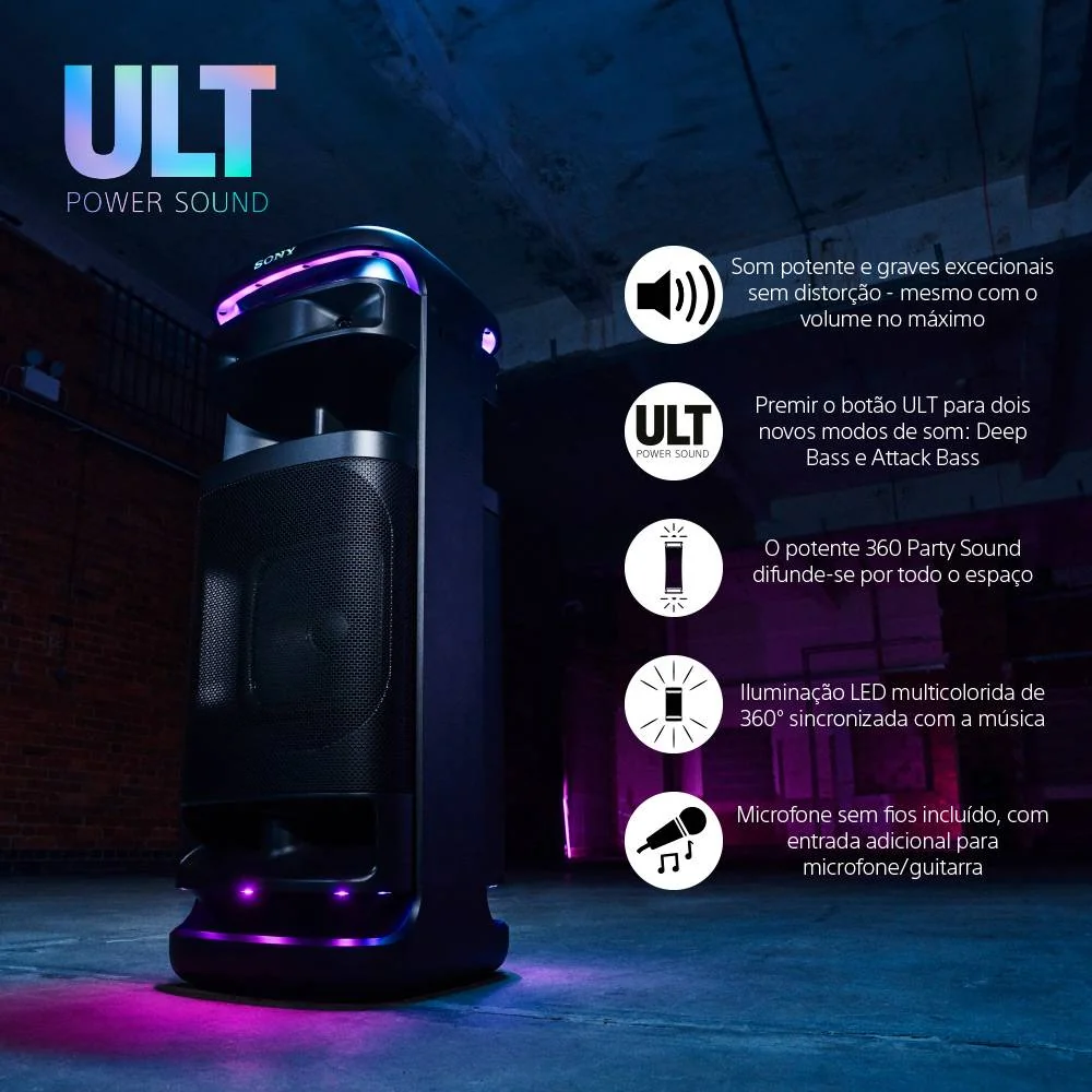 Coluna Sony SRS-ULT1000 HPA Graves Profundos 2 Modos ULT Iluminação 360 Multiponto Microfone Preto - Imagem 3