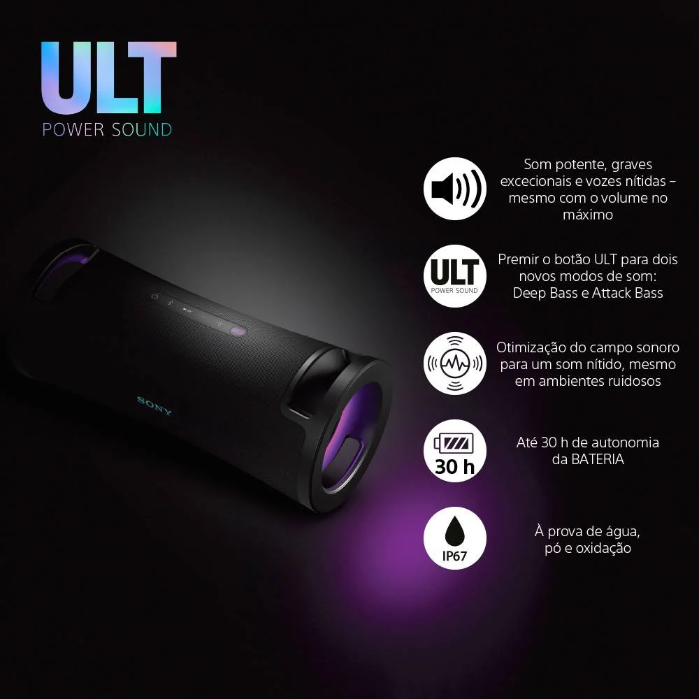 Coluna Sony SRS-ULT70 Bluetooth Portátil 30h 2 Modos ULT Bass Multiponto Iluminação Lateral Preto - Imagem 2