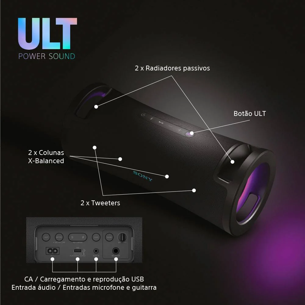 Coluna Sony SRS-ULT70 Bluetooth Portátil 30h 2 Modos ULT Bass Multiponto Iluminação Lateral Preto - Imagem 8